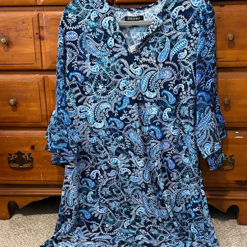 dressbarn Vibrant Paisley Long Sleeve Dress - Blue and White